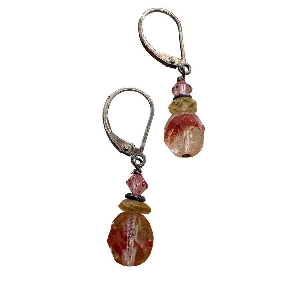 Vintage Sterling Silver 925 Leverback Drop Earrings Pink Yellow Peach Glass Bead